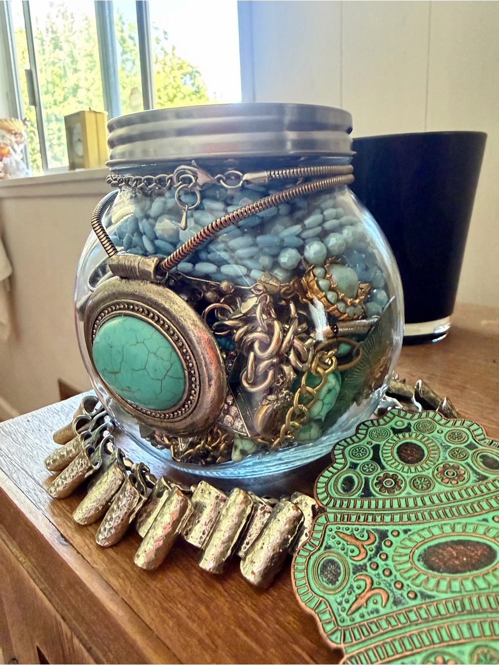 Southwestern/cowgirl/stand out in Turquoise and silver toned mystery jewelry jar